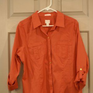 Chicos Size 2 Orange No Iron button up top with Roll up sleeves